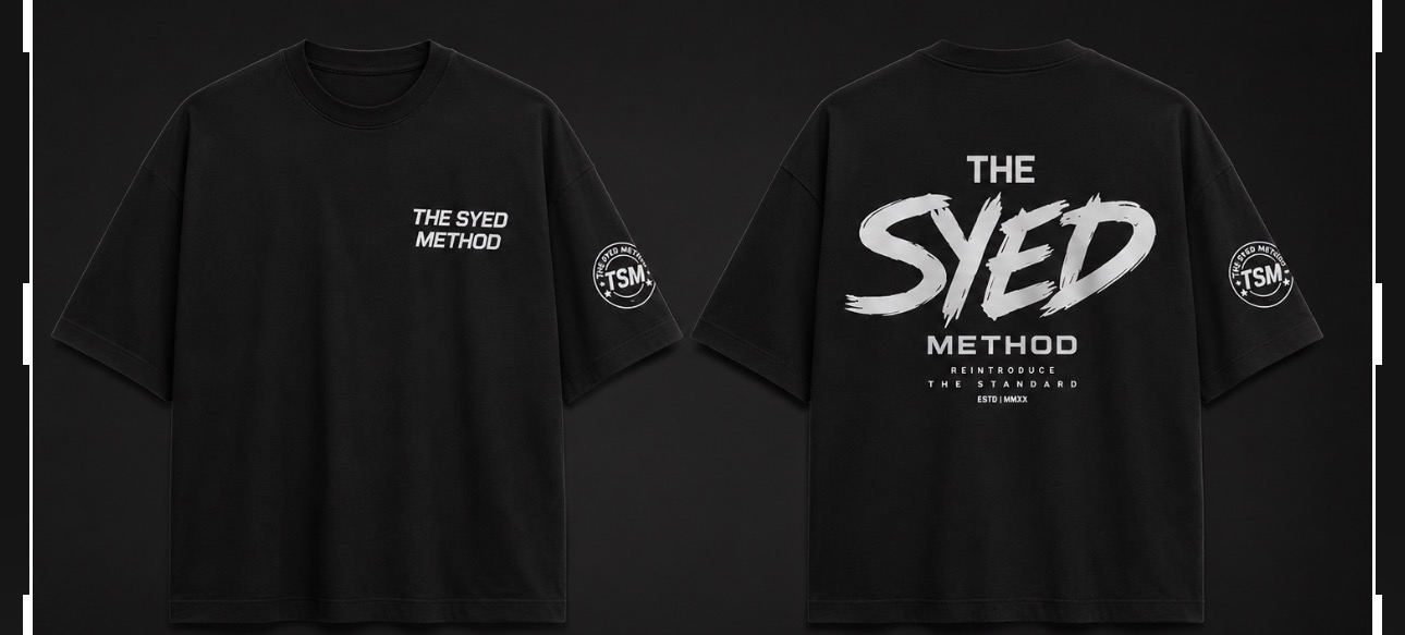 Black oversized THE SYED METHOD tee shown front and back