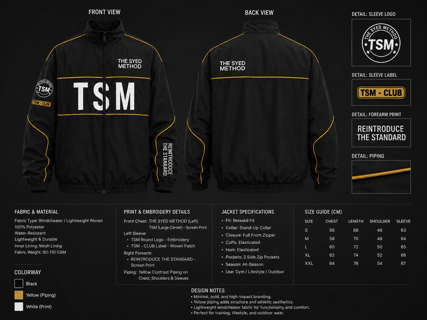 Black TSM windbreaker jacket with gold piping, front and back